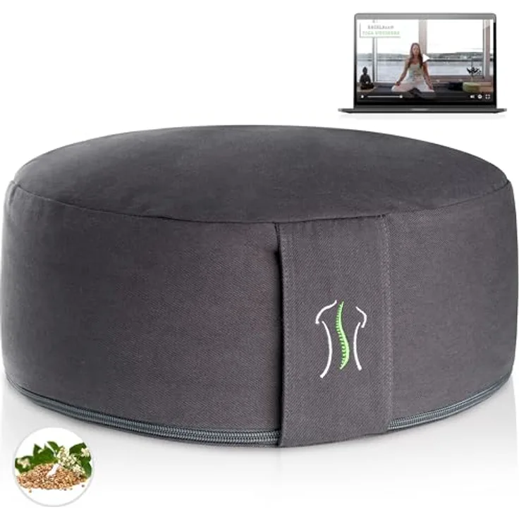 BACKLAxx® Yoga Kissen, Meditationskissen XL 35cm [30% mehr Sitzfläche], 15cm hoch mit Buchweizenfüllung, perfektes Meditation Zubehör, Yogakissen rund inkl. Videokurs - Pouf Sitzkissen Boden