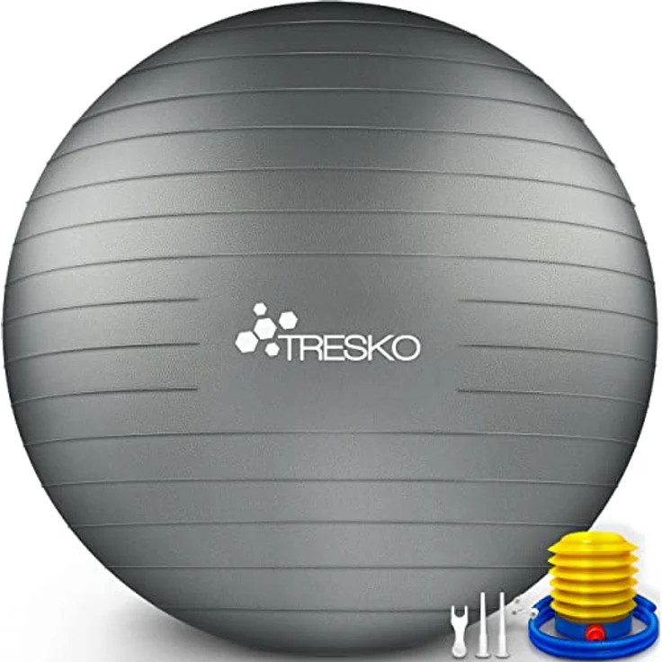 TRESKO Gymnastikball mit GRATIS Übungsposter inkl. Luftpumpe - Yogaball BPA-Frei | Sitzball Büro | Anti-Burst | 300 kg,Grau,75cm (für Körpergröße 175 - 185cm) – Bild 1