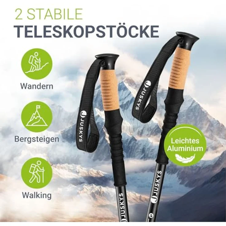 Juskys Nordic Walking Stöcke - 2 Alu Teleskop Wanderstöcke, leicht & ausziehbar, Damen & Herren, mit Gummipuffer & Tasche, Kork Griff - Schwarz – Bild 2