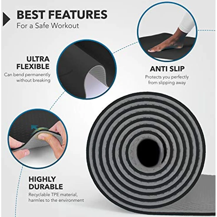 RE:SPORT Yogamatte Phthalatfrei - Gymnastikmatte rutschfest, Fitnessmatte schadstofffrei, Trainingsmatte mit Tragegurt 183 x 61 x 0,6 cm – Bild 5