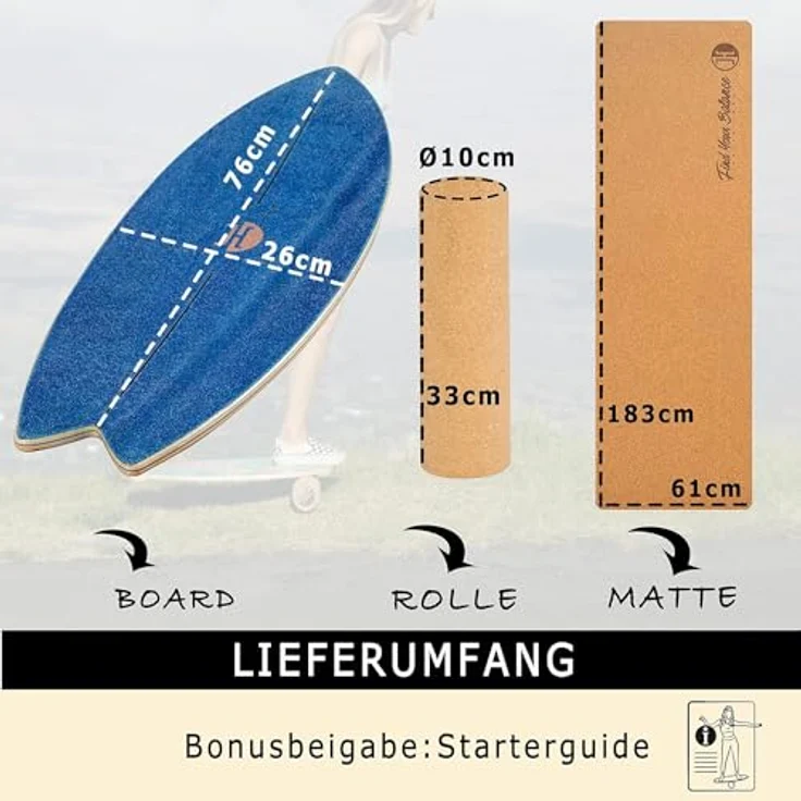 JUCKER HAWAII Balanceboard Ocean Rocker Blue - Geschwungenes Indoor Surf Balance Board mit Rocker Shape - Balanceboard und Trickboard mit Korkrolle und Matte – Bild 5