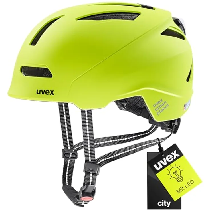 Uvex Sports urban planet LED, Cityhelm mit Hartschalenkonstruktion, 14 Belüftungsöffnungen, mattem Lime-Finish, 54-58 cm