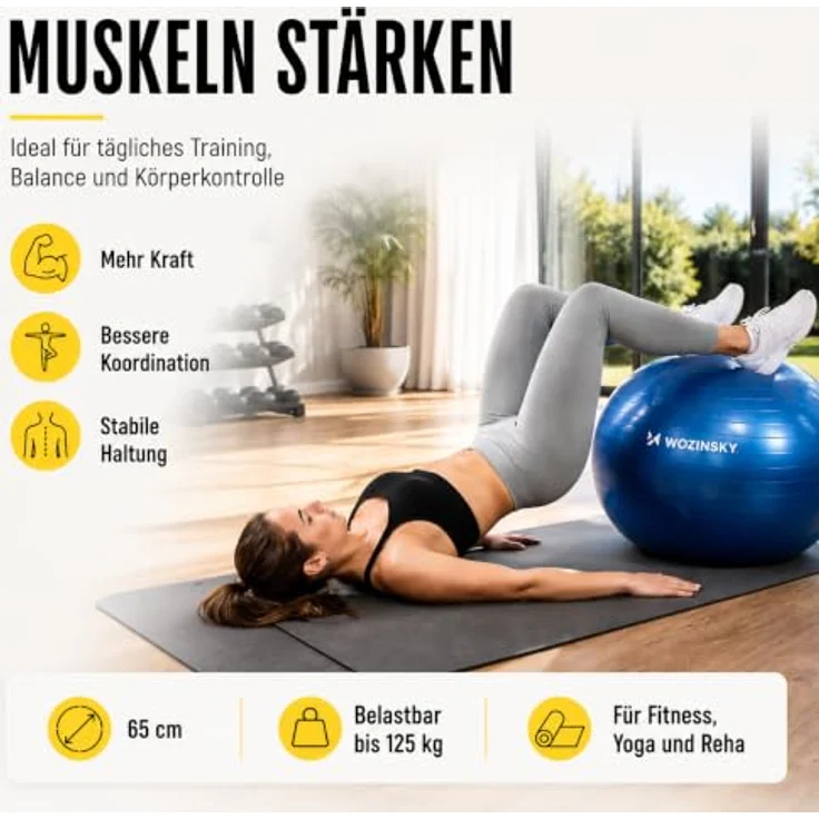 Wozinsky WGB65BL Gymnastikball, 65 cm, Blau, matten Oberfläche, belastbar bis 125 kg, inklusive Pumpe und Zubehör – Bild 2