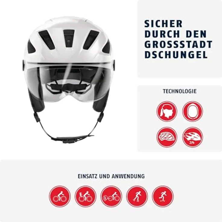 ABUS Stadthelm Pedelec 2.0 ACE - Fahrradhelm mit Rücklicht, Visier, Regenhaube, Ohrenschutz - Weiß Glänzend, Größe S – Bild 2