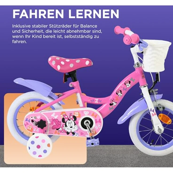 Volare Kinderfahrrad Minnie, 12 Zoll, rosa, mit Handbremse, Rücktrittbremse und abnehmbaren Stützrädern, für Mädchen – Bild 4