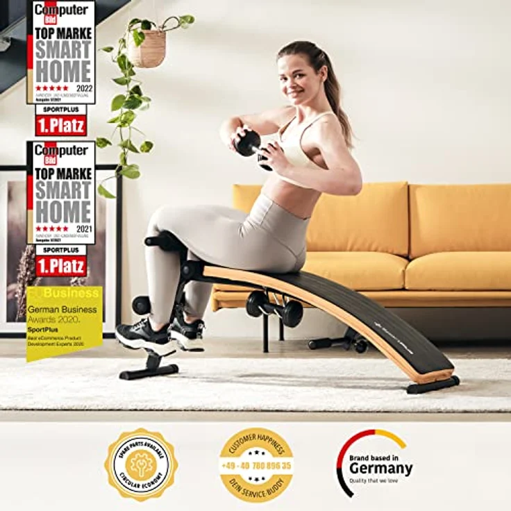 SportPlus Sit Up Bank klappbar mit 2x 1,5 kg Hanteln, Bauchtrainer mit Beinfixierung, mit Handgriffen für diverse Übungen, Hantelbank, trainiert Bauch, Rücken, Schultern & mehr – Bild 2