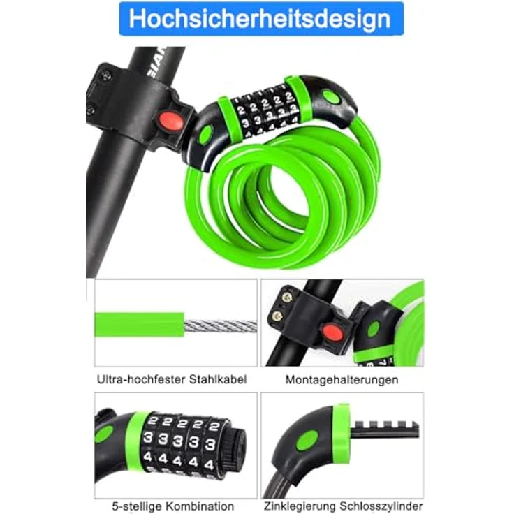REHKITTZ 120 cm Fahrradschloss, 12 mm Kabelschloss mit 5-stelligem Zahlencode und hoher Sicherheitsstufe, grün – Bild 2