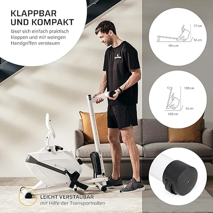 SportPlus Rudergerät für zuhause | Mit oder ohne Bluetooth, klappbar, leises Magnetbremssystem, 8 Widerstandsstufen, Schwungmasse 8kg, kugelgelagerter Rudersitz – Bild 3