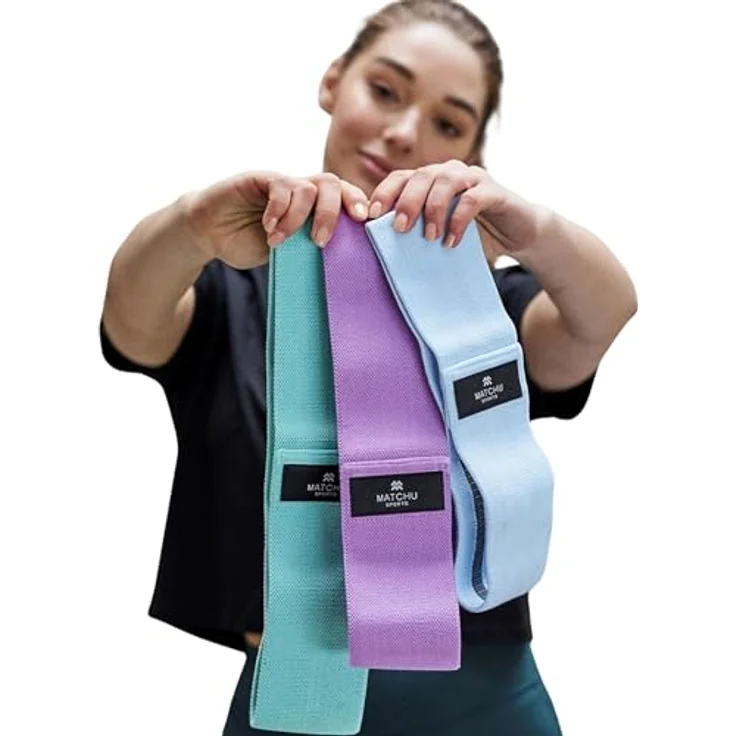 MATCHU Booty Bands 3er Set, Glute Bands mit 45/65/75 KG Widerstand, bequemes Textil, inkl. Tragetasche, tiel/lila/blau – Bild 1