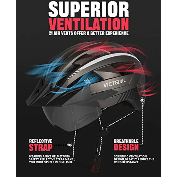 Victgoal VICTGOAL Fahrradhelm Herren Damen MTB Helm, abnehmbare magnetische Schutzbrille, atmungsaktiv, 21 Belüftungskanäle, einstellbare Größe M (54-58cm), inkl. LED Rücklicht – Bild 3
