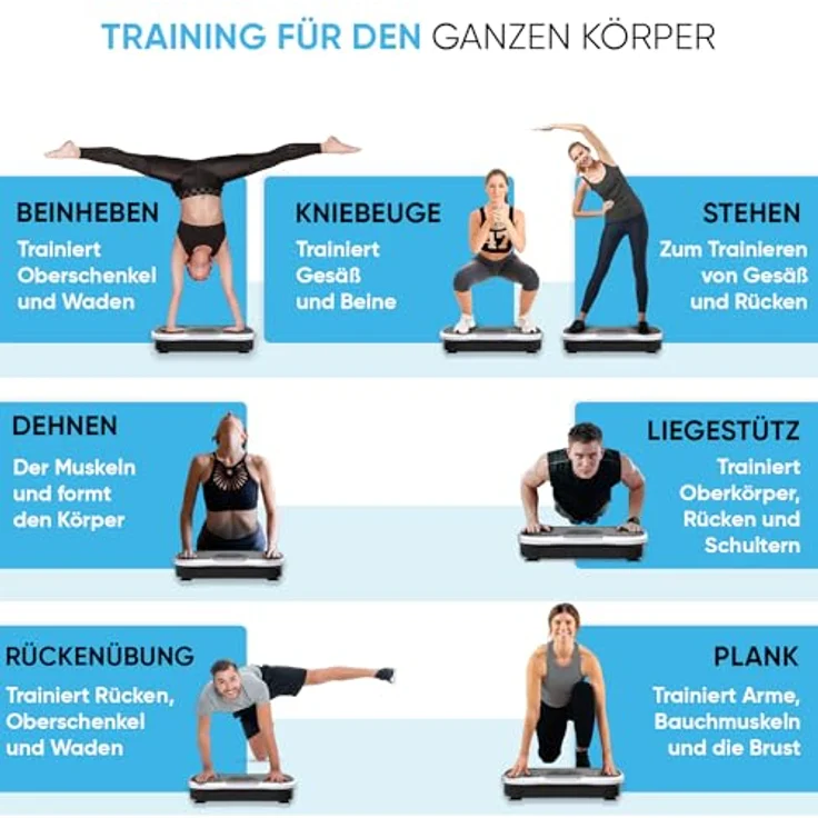 Vibrationsplatte - 99 Intensitätsstufen - 6 Trainingsprogramme - Fitnessgeräte für Zuhause - Ganzkörpertraining - Muskelaufbau & Abnehmen - Massagegerät - Sportgerät mit Bluetooth - Home Workout – Bild 2