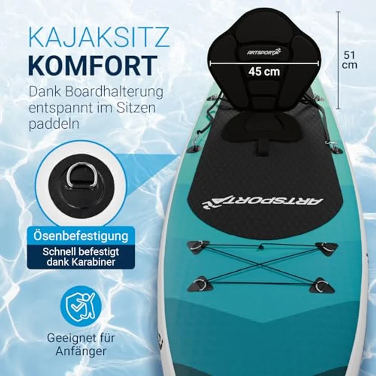 ARTSPORT® Stand Up Paddling Board Set Blue Wave, aufblasbar 320 cm, inkl. Kajaksitz, Action-Cam Halterung & umfangreichem Zubehör, Tragkraft 150 kg – Bild 4