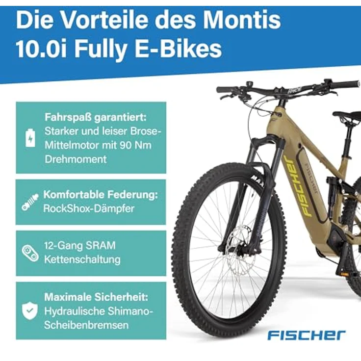 FISCHER Fahrrad E-Bike Mountainbike MONTIS 10.0i Fully, 12 Gang SRAM SX, 711 Wh Akku, BROSE Mittelmotor, hydraulische SHIMANO Scheibenbremse, Olive matt – Bild 8