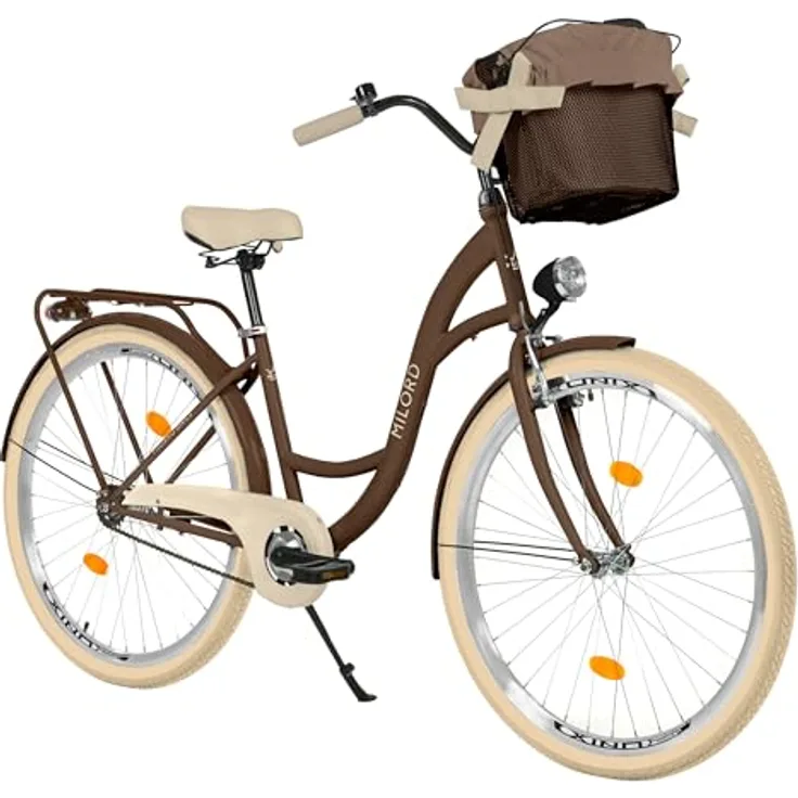 Milord Komfort Fahrrad, Damenfahrrad 26 Zoll, 1 Gang, braun mit Korb und aufrechter Sitzposition