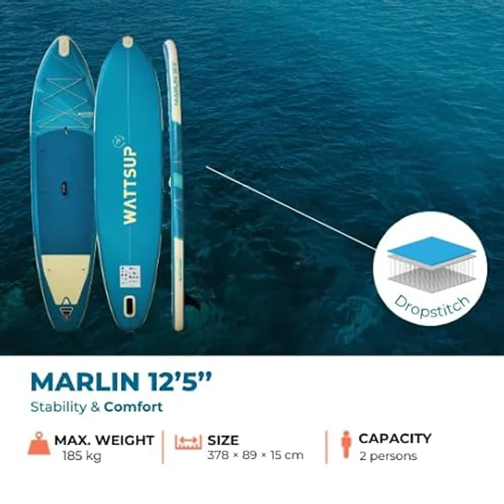 WattSUP MARLIN 12.5, Stand Up Paddle Board ISUP, 378x89cm, ideal für Anfänger und Fortgeschrittene – Bild 2