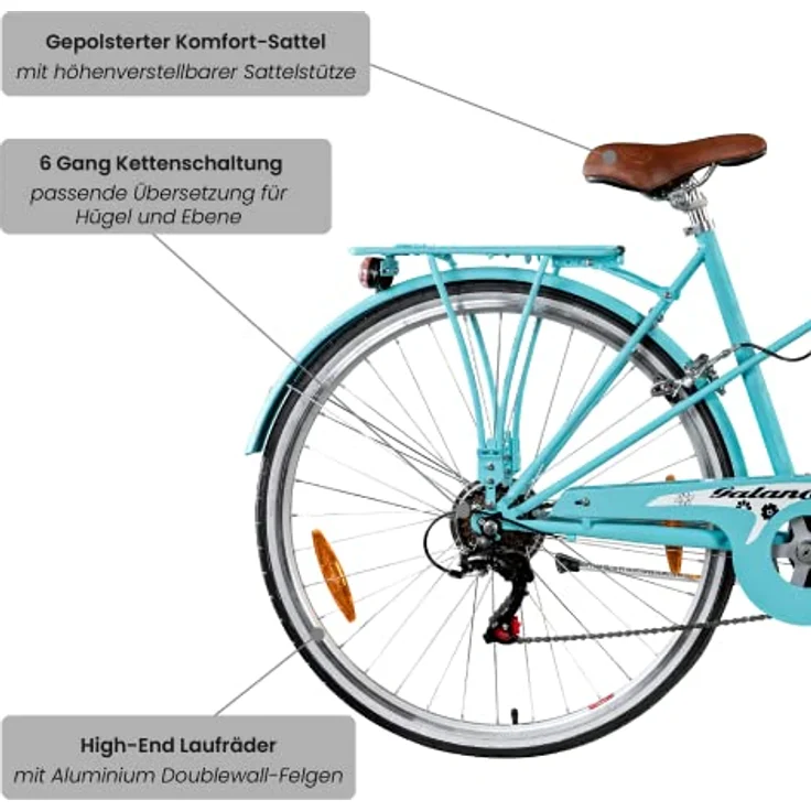 Galano Florenz Damenfahrrad Retro 28 Zoll für Damen ab 155 cm Vintage Komfort Fahrrad Hollandrad mit Licht 6 Gang Schaltung Citybike Trekkingrad 700c, himmelblau – Bild 4