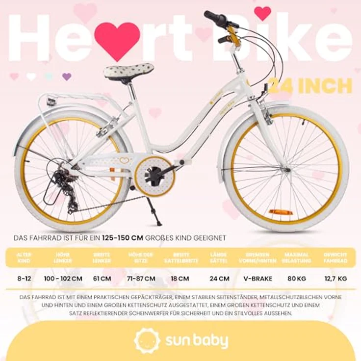 Sun Baby Heart Bike 24 Zoll Mädchenfahrrad mit 7-Gang Schaltung, Weiß-Gold – Bild 2