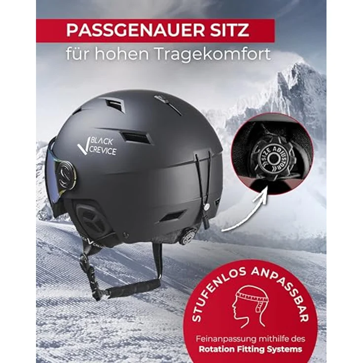 BLACK CREVICE Skihelm Kirchberg, schwarz/Silber mit Visier, M (54-57cm), optimierte Anpassung, atmungsaktiv und sicher nach CE EN 1077 – Bild 3