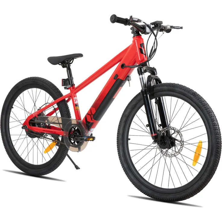 Hiland JOYSTAR 24 Zoll Elektro-Mountainbike für Jugendliche, 250 W Motor, 24V 5.2Ah Akku, 25 km/h, Federgabel, verstellbarer Sattel, Scheibenbremse, Schwarz