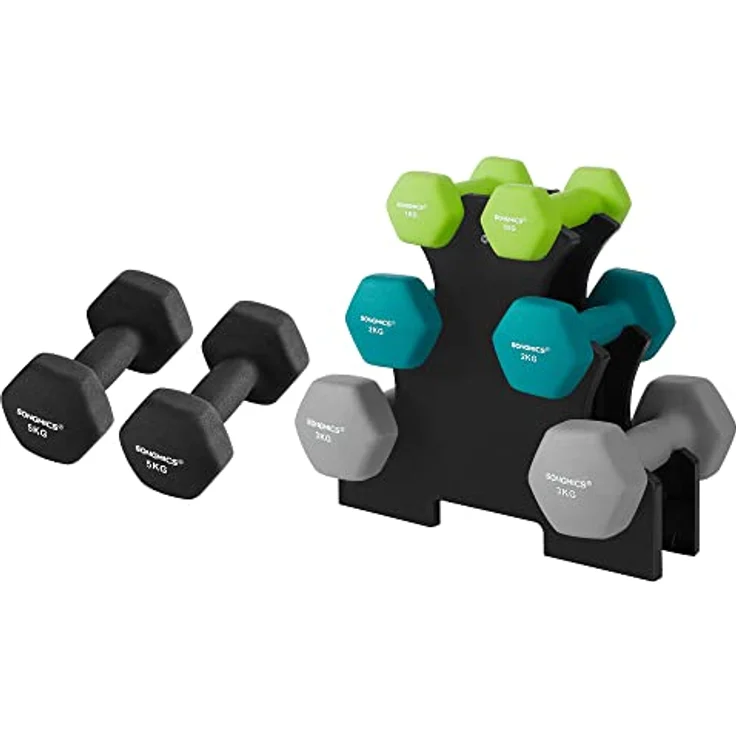 SONGMICS Hanteln, Hantelset 2 x 5 kg, Kurzhanteln mit Hantelständer 2 x 1 kg, 2 x 2 kg, 2 x 3 kg, Schwarz, Limettengrün, Aquamarin und Hellgrau, ideal für Krafttraining zu Hause, im Büro und Fitnessstudio – Bild 1