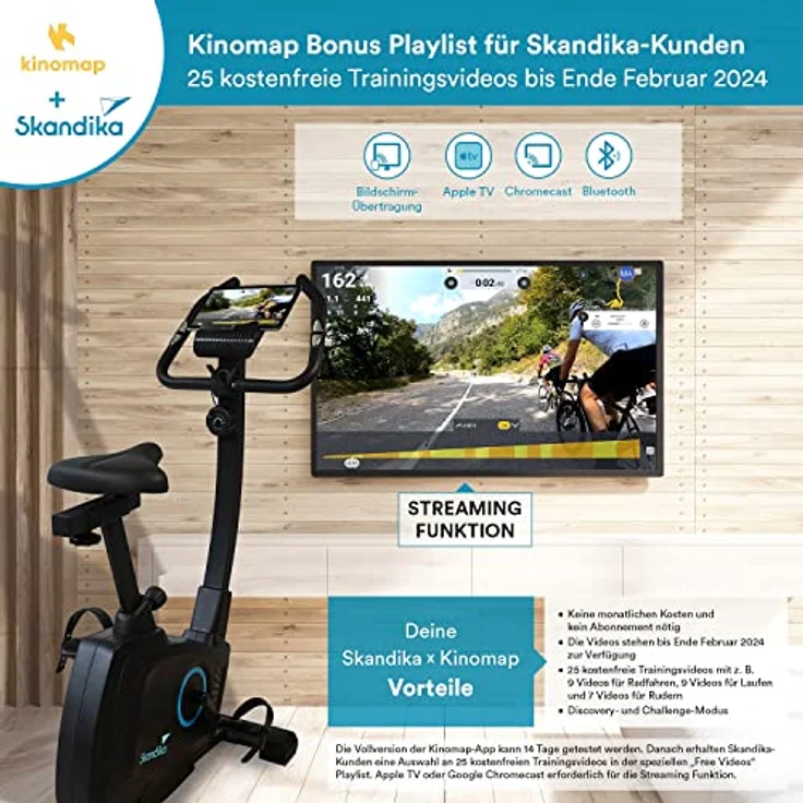 Skandika Heimtrainer Fahrrad Bragi | Hometrainer für Zuhause, 7 kg Schwungmasse, Magnetbremssystem, Kinomap für virtuelles Training, Höheneinstellung, Indoor-Fahrrad, Transportrollen, Tablethalterung – Bild 3