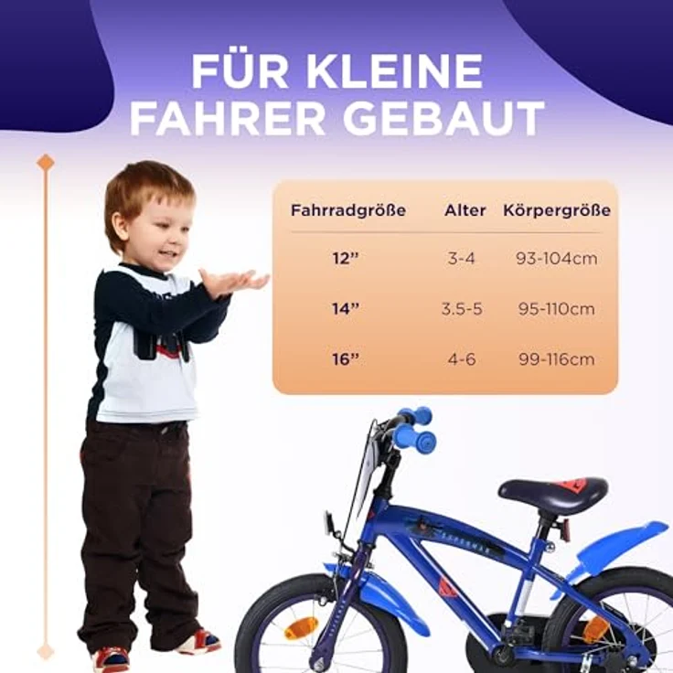 Volare Superman, Kindervelo 14 Zoll, stabiler Metallrahmen, dunkelblau, mit Handbremse und abnehmbaren Stützrädern – Bild 6