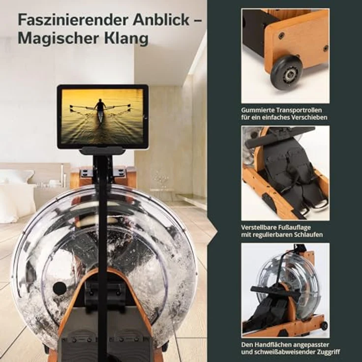 Skandika Wasserrudergerät Lykke | 90° Tank, Holz Rudergerät für Zuhause, Kinomap App kompatibel, massives Buchenholz, Wasser | Holzrudergerät mit Wasserwiderstand (helles Holz) – Bild 4