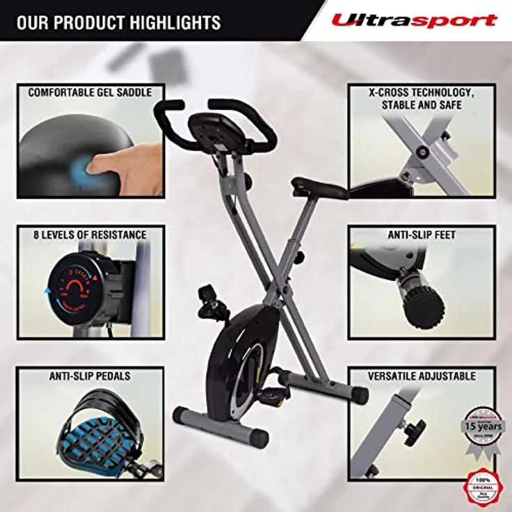 Ultrasport F-Bike, F-Rider Basics, Fahrradtrainer, Fitnessfahrrad LCD Trainingscomputer, Klappbarer Hometrainer, Max. Benutzergwicht 110 kg, Pulsmessung, 8 Widerstandsstufen, Trimmrad, Schwarz/Silber – Bild 5