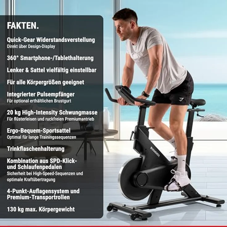 HAMMER Speedbike Speed Race X, Indoor Cycle, 20 kg Schwungmasse, Heimtrainer Fahrrad, Kinomap und Zwift, Hometrainer Fahrrad, Belastbarkeit 130 kg, Schwarz – Bild 4