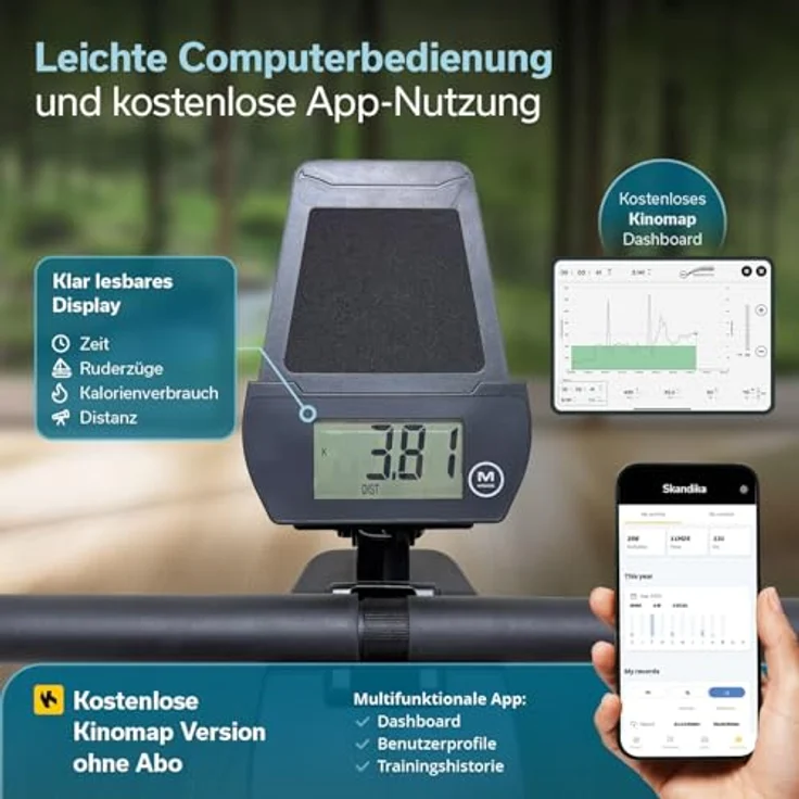 Skandika Rudergerät Venn P5-M, LCD-Computer, 16 Widerstandsstufen, Bluetooth-fähig, bis 135 kg Nutzergewicht – Bild 5