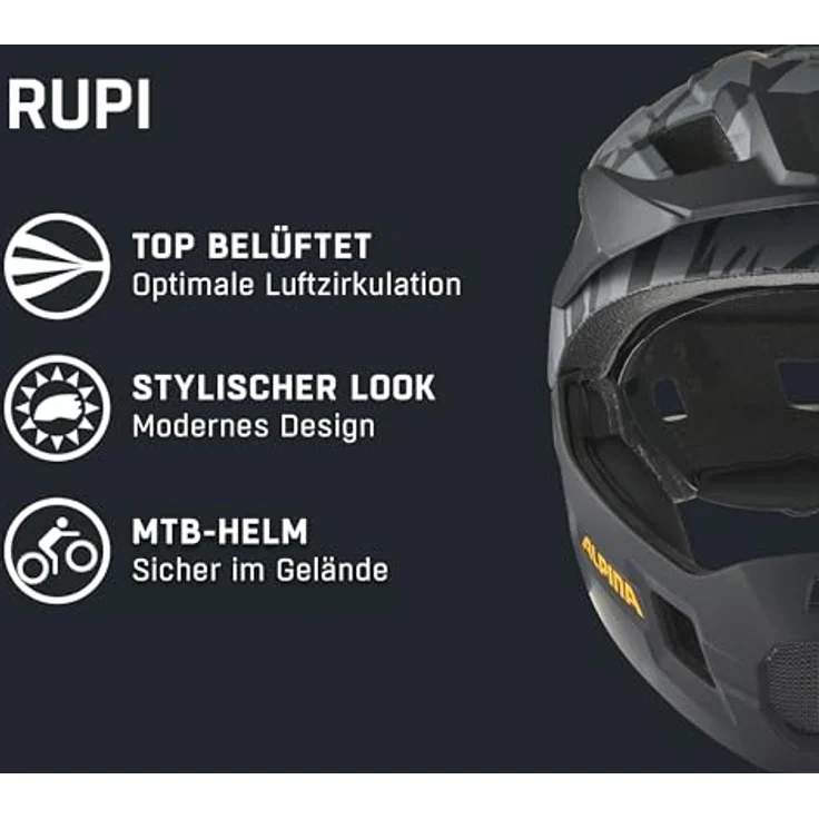 ALPINA SPORTS Velohelm Rupi, flexibler Helm mit abnehmbarem Kinnbügel, 15 Belüftungsöffnungen, Größe 50 - 55 cm – Bild 2