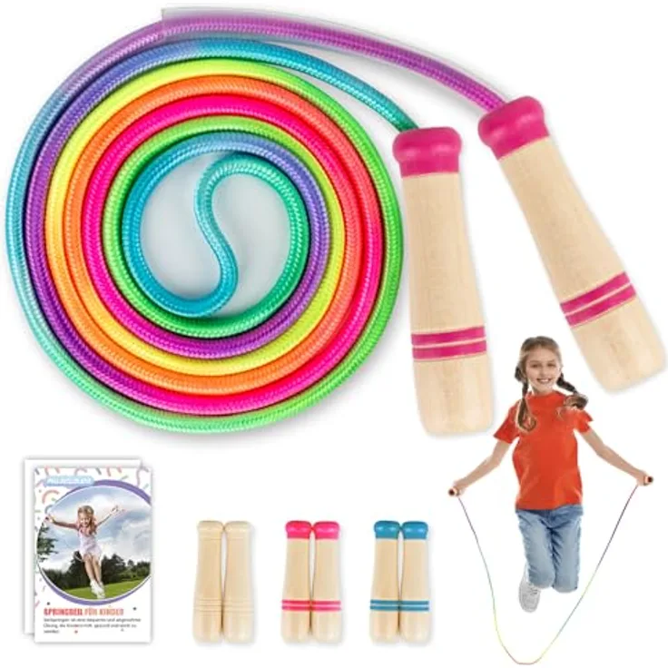 Paleclouds Springseil Kinder, Verstellbares 250CM Jump Rope mit Holzgriff und Regenbogen-Design, ideal für Fitness und Spiel, rosa