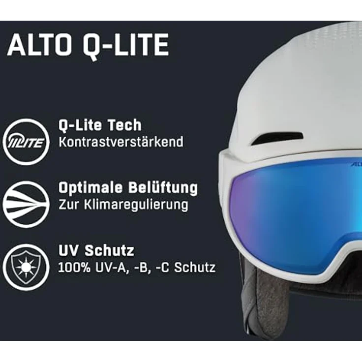 ALPINA Alto Q-LITE Skihelm, individuell anpassbar, stoßabsorbierend, kontrastverstärkendes Visier, White matt (Blue revo), Größe S (51-55 cm) – Bild 2