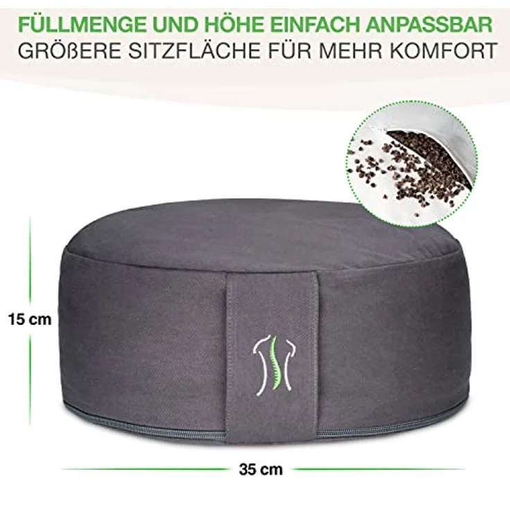 BACKLAxx® Yoga Kissen, Meditationskissen XL 35cm [30% mehr Sitzfläche], 15cm hoch mit Buchweizenfüllung, perfektes Meditation Zubehör, Yogakissen rund inkl. Videokurs - Pouf Sitzkissen Boden – Bild 3