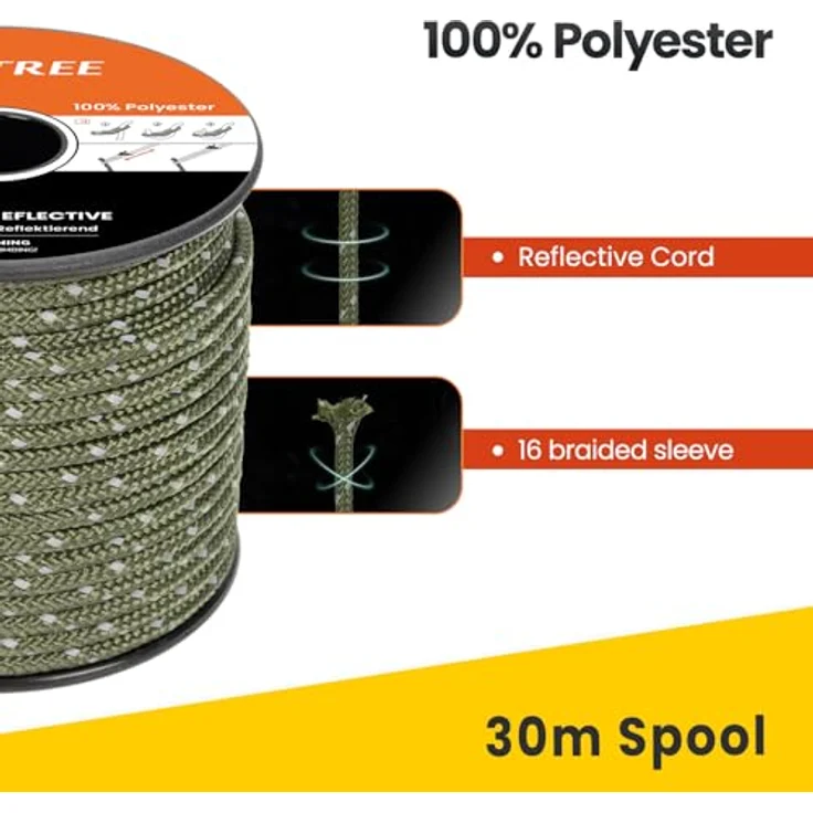 BROTREE Abspannseile Camping 30m Zeltschnur, 4mm reflektierend mit 6 Spanner, schwerlast bis 300kg, Militärgrün – Bild 3