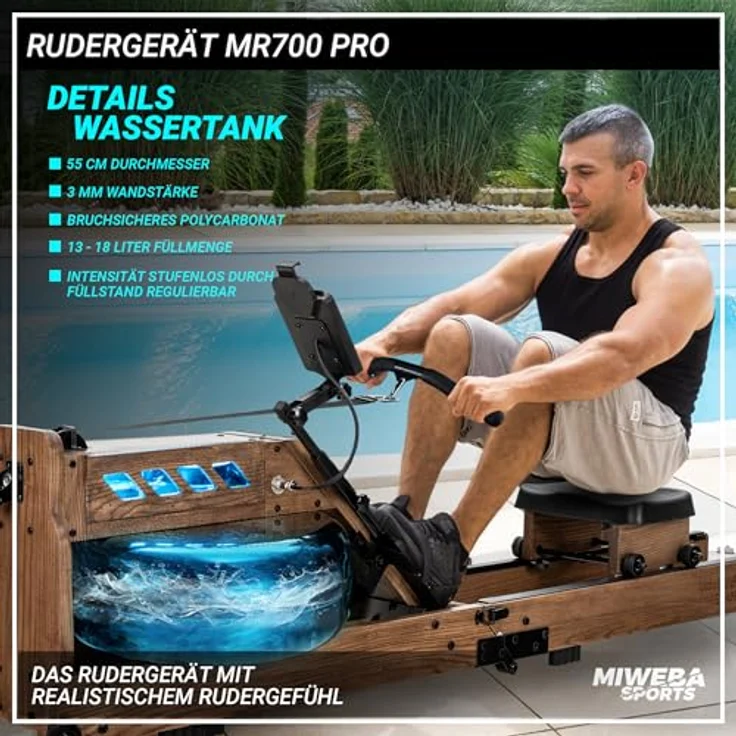 Miweba Sports Rudergerät für Zuhause MR700 Pro | Rudergerät Wasser - Klappbar - Kinomap App - Bluetooth - LED Wassertank - Esche dunkel – Bild 3