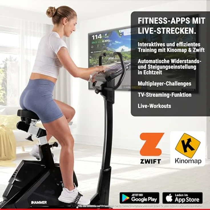 HAMMER Ergometer Varon XTR II, Fitnessbike, Heimtrainer für Zuhause mit tiefem Einstieg, XL-Display, 16 Trainingsprogramme, Bluetooth Anbindung, kompatibel mit Kinomap & Zwift – Bild 4