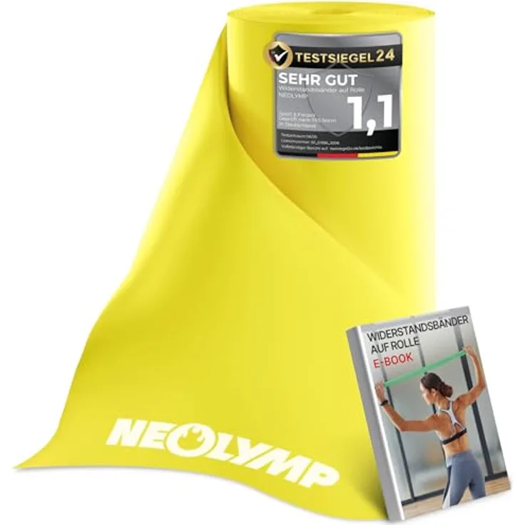 NEOLYMP Widerstandsbänder, Zuschneidbares Fitnessband auf Rolle (2,5 m), 15 cm Breite, TPE, 5 Widerstandsstufen, gelb für Physio, Reha, Pilates, Krafttraining & Home Workout
