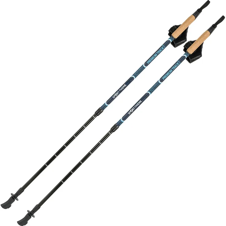 Sport-Thieme Nordic Walking Stöcke Premium Track, Aluminium, verstellbare Länge 100-135 cm, Blau-Schwarz, mit Kork-Griff und optimalem Grip