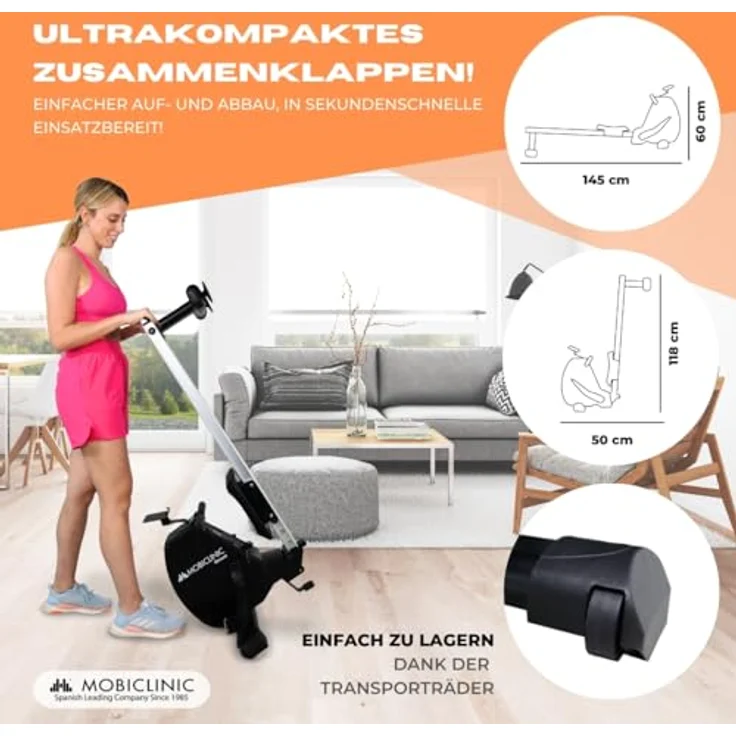 Mobiclinic® RowFit Rudergerät, 8 Widerstandsstufen, geräuschlos, LCD-Monitor, Handy-Ständer, Bis zu 120 kg, 6kg Schwungrad, Home Gym – Bild 3
