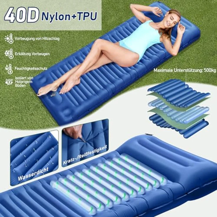 JEMULICE Isomatte Camping, 12CM Ultraleichte aufblasbare Matratze mit Fußpumpe, Wasserdicht und kompakt, für Wandern und Zelt - Blau – Bild 5