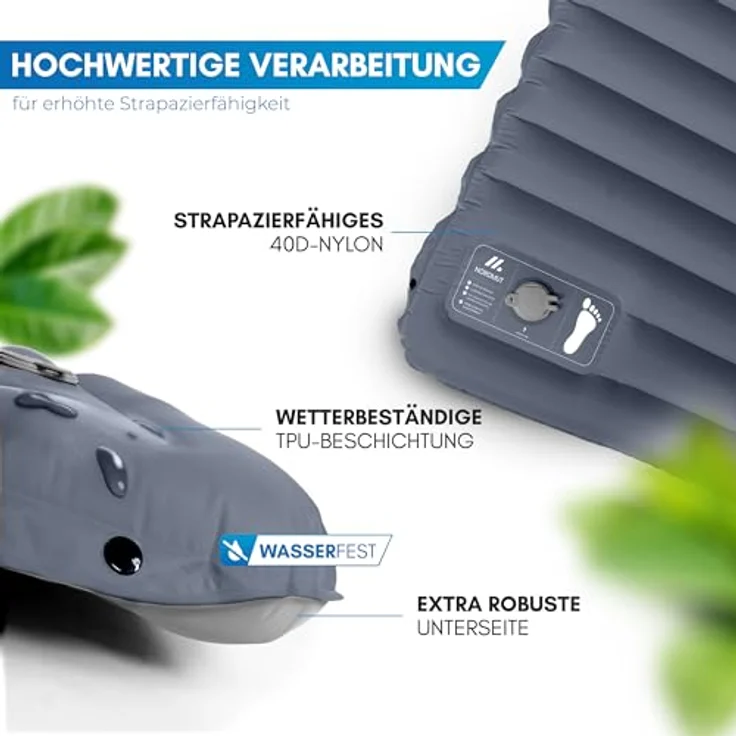 NORDMUT® Isomatte Ultraleicht mit Reparaturset, Aufblasbare Luftmatratze für Camping, kleines Packmaß, wetterfest, dunkelgrau – Bild 2