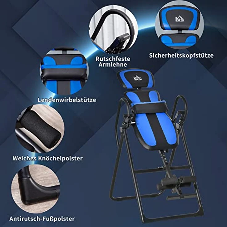 HOMCOM Inversionsbank klappbarer Schwerkrafttrainer mit zwei beweglichen Rädern eingestellt Rückenpolster Metall ABS Schwarz+Blau 132 x 71 x 145 cm – Bild 4