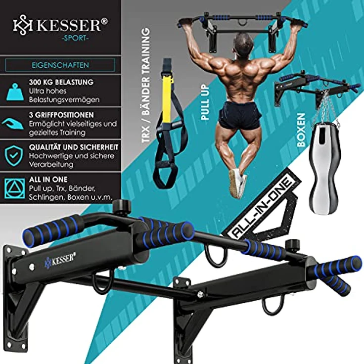 KESSER® 4in1 Klimmzugstange zur Wandmontage rutschfesten Griffen zusätzliche Funktion für Seile Ringe und Boxsäcke mit verschiedenen Griffpositionen | sicher & stabil | Pull Up Bar für zuhause, Blau – Bild 2