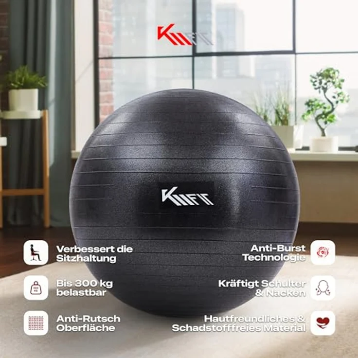 KM-Fit Gymnastikball 75cm | Trainingsball mit Luft-Pumpe | Sitzball Büro Anti-Burst | Ball für Fitness, Yoga, Gymnastik, Core Training | Pezziball Yogaball BPA-Frei | Schwarz – Bild 2