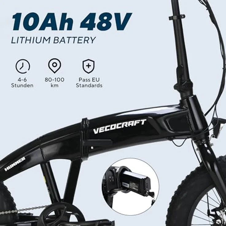 VecoCraft Hummer E Bike Klapprad 20 Zoll, 48V 10Ah Akku, Reichweite bis 80 KM, 250W Motor, 4.0" Fettreifen, 7-Gang, für Damen und Herren – Bild 2