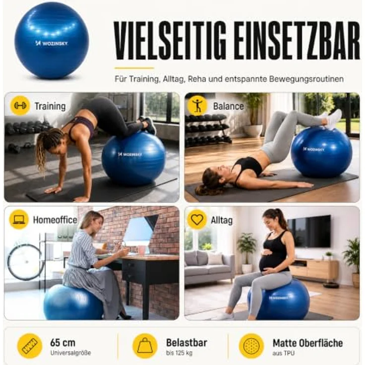 Wozinsky WGB65BL Gymnastikball, 65 cm, Blau, matten Oberfläche, belastbar bis 125 kg, inklusive Pumpe und Zubehör – Bild 7