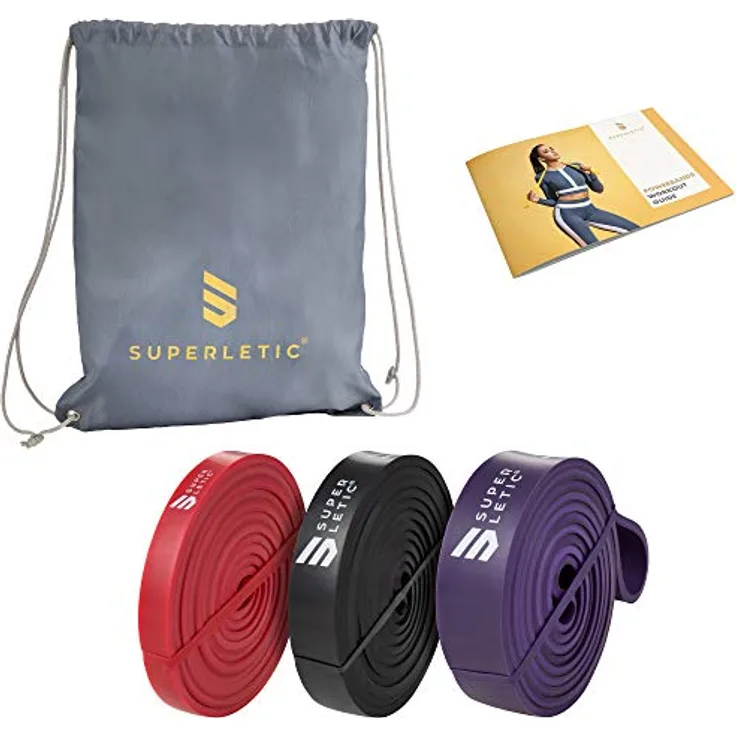 SUPERLETIC Powerbands, Widerstands-Fitness-Bänder für Pullup und Resistance-Training, 3er Set (Rot, Schwarz, Lila) mit Workout-Guide, 5 Stärken, robust und langlebig aus 100% Latex