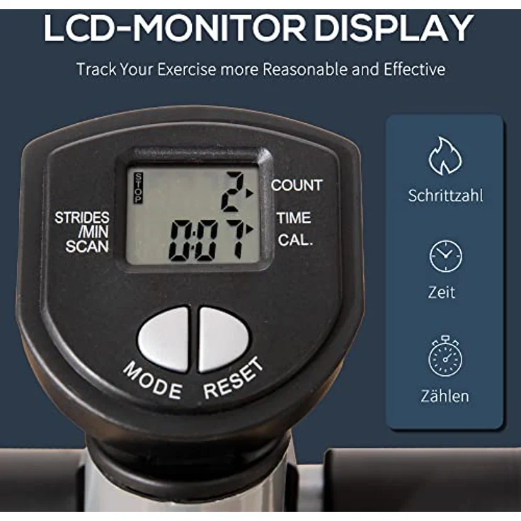 HOMCOM Stepper mit Handgriff Fitness Heimtrainer für Zuhause klein Fitnessgerät für Bein- und Po-Training mit LCD-Bildschirm einstellbare Geschwindigkeit Metall ABS Schwarz+Silber 55 x 53 x 118-128 cm – Bild 5