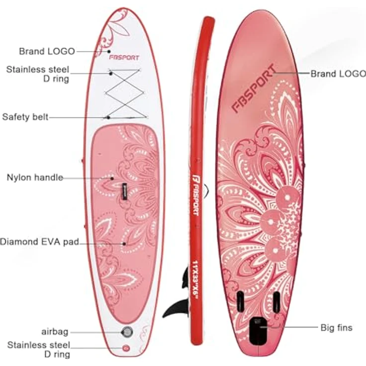 FBSPORT Aufblasbares SUP Board, 15CM dickes Stand Up Paddling Board mit verstellbarem Aluminium Paddel und Pumpe, Pink-Weiß – Bild 3